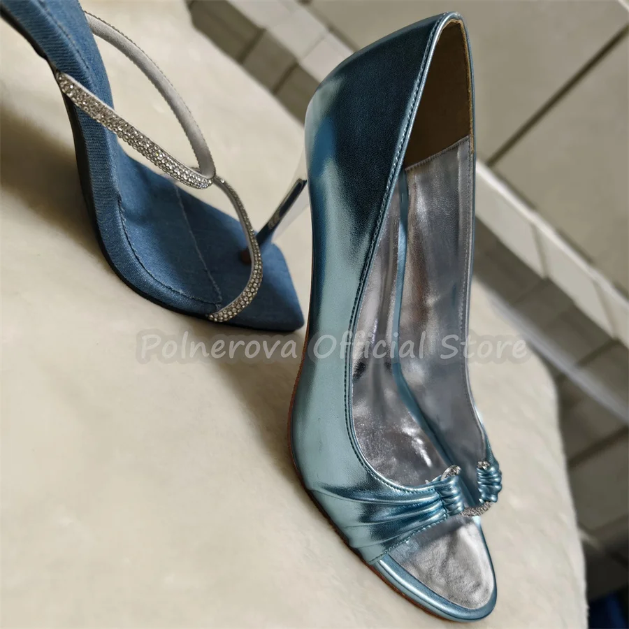 

Fashion Rhinestone Buckle Pleated Leather Women Sandals Peep Toe High Heel Shallow Pumps Luxury Design Lady Party Dress Shoes