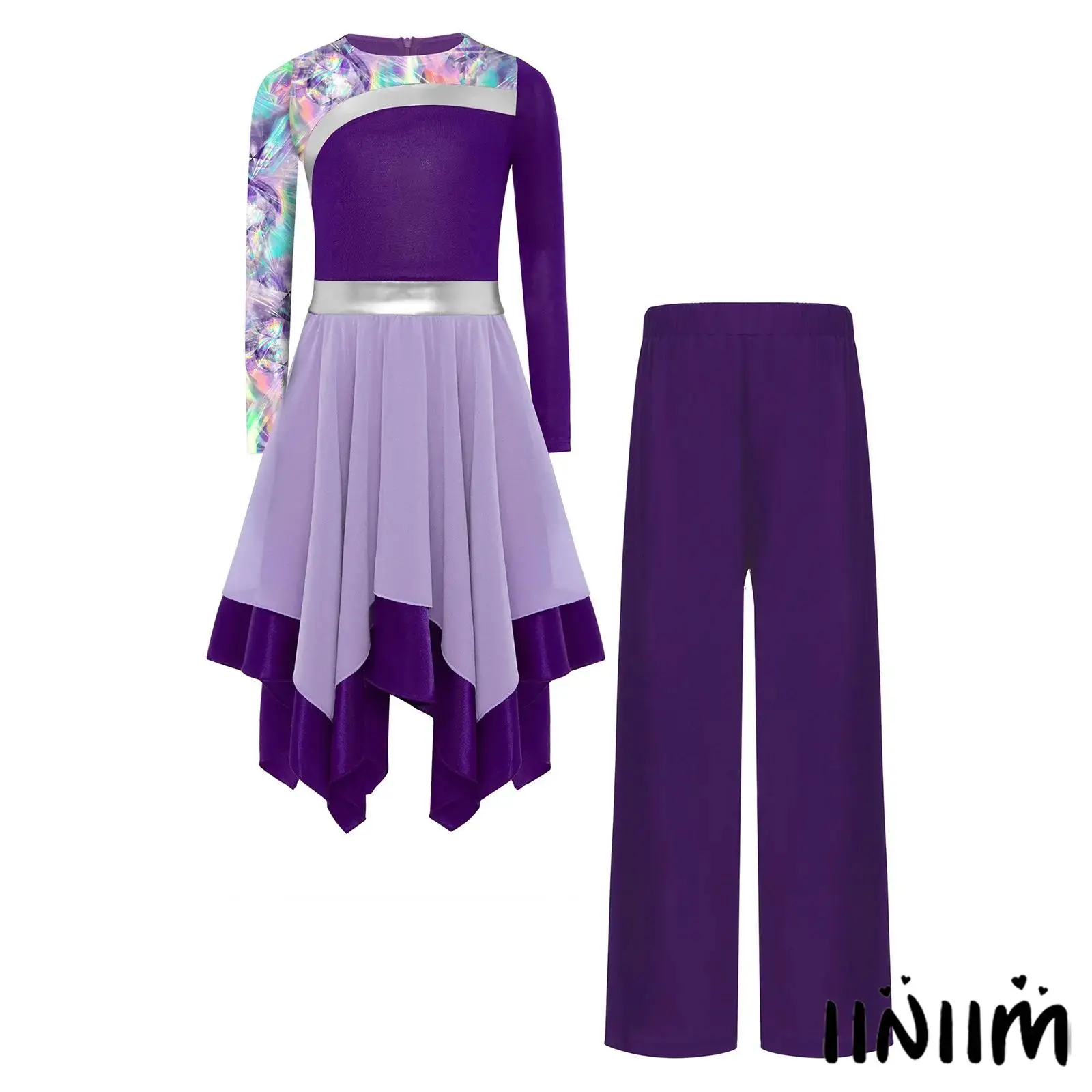 

Kids Girls Liturgical Praise Dance Dress Outfit Long Sleeve Stylish Printed Patchwork Color Block Ballet Dress with Pants