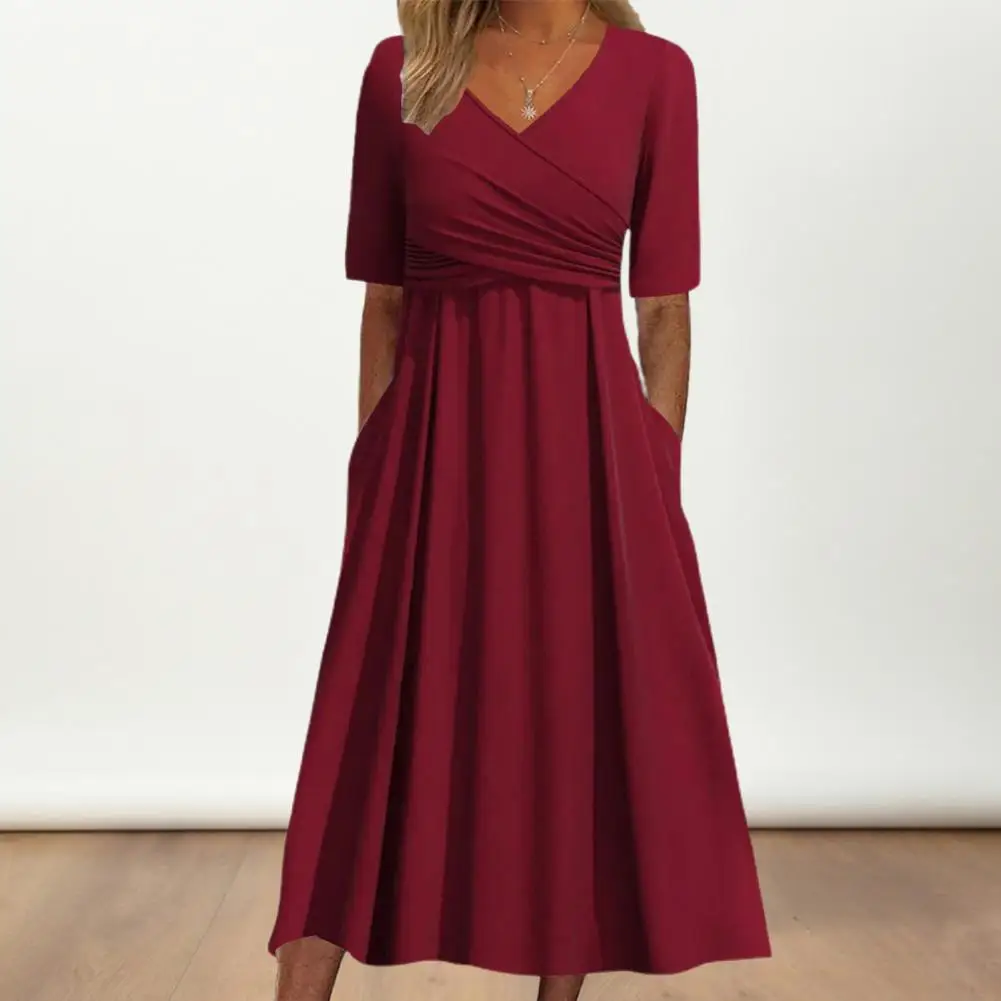 

Women Dress Solid Color Dress Elegant V-neck Pleated Midi Dress for Women Summer A-line Swing Style Pure Color Office Lady Ol