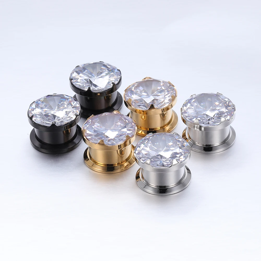 4-16mm Crystal Plugs Tunnels Gold Color Stainless Steel Expander Piercing Plug Stone Metal Ear Gauge Flesh Tunnel Ear Stretchers