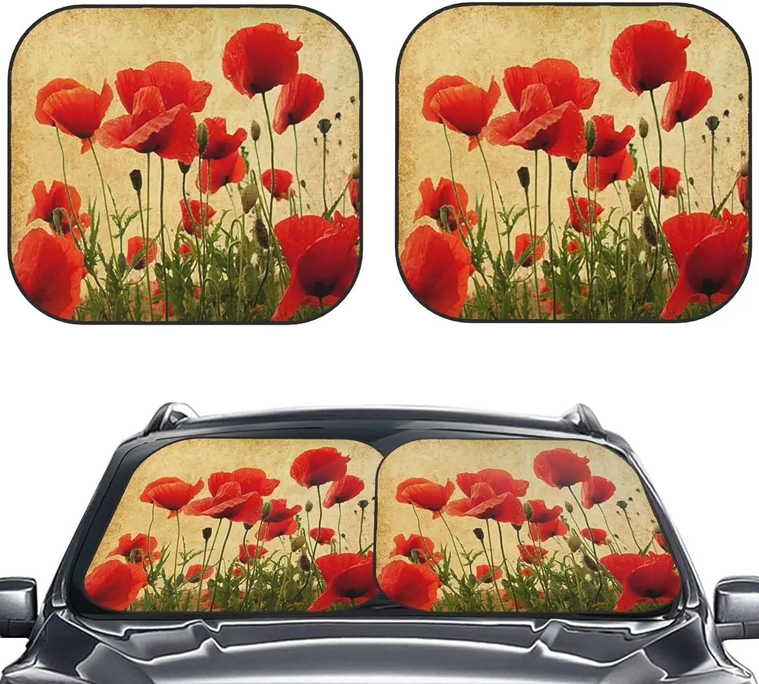 Vintage Poppy Flowers Car Windshield Sun Shade Auto Foldable 2pcs Window Sunshades for Most Windshield Fodable Sun Visor