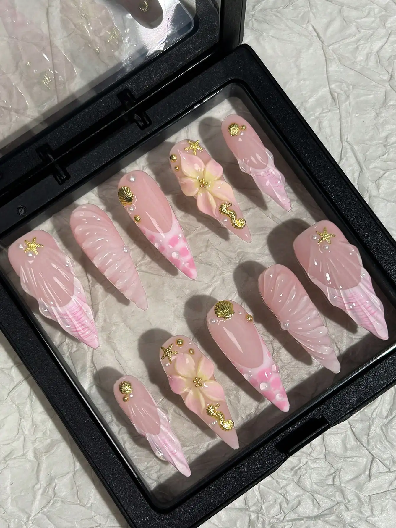 

10pcs Handmade Press-On Nails, Long Stilettos with Pink French Tips, 3D Shell, Water Drop, Flower & Seahorse Decor. Y2K Style. For Daily, Festival & Travel Nail Decoration.