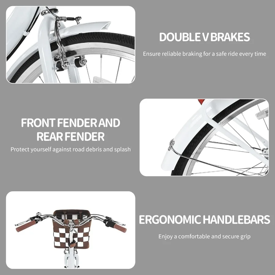 دراجة شاطئ كروزر قابلة للطي مقاس 26 بوصة للنساء مع سلة 7 سرعات بسعة 330 رطل نظام فرامل V مزدوج مثالي للتنقل في الحضرية