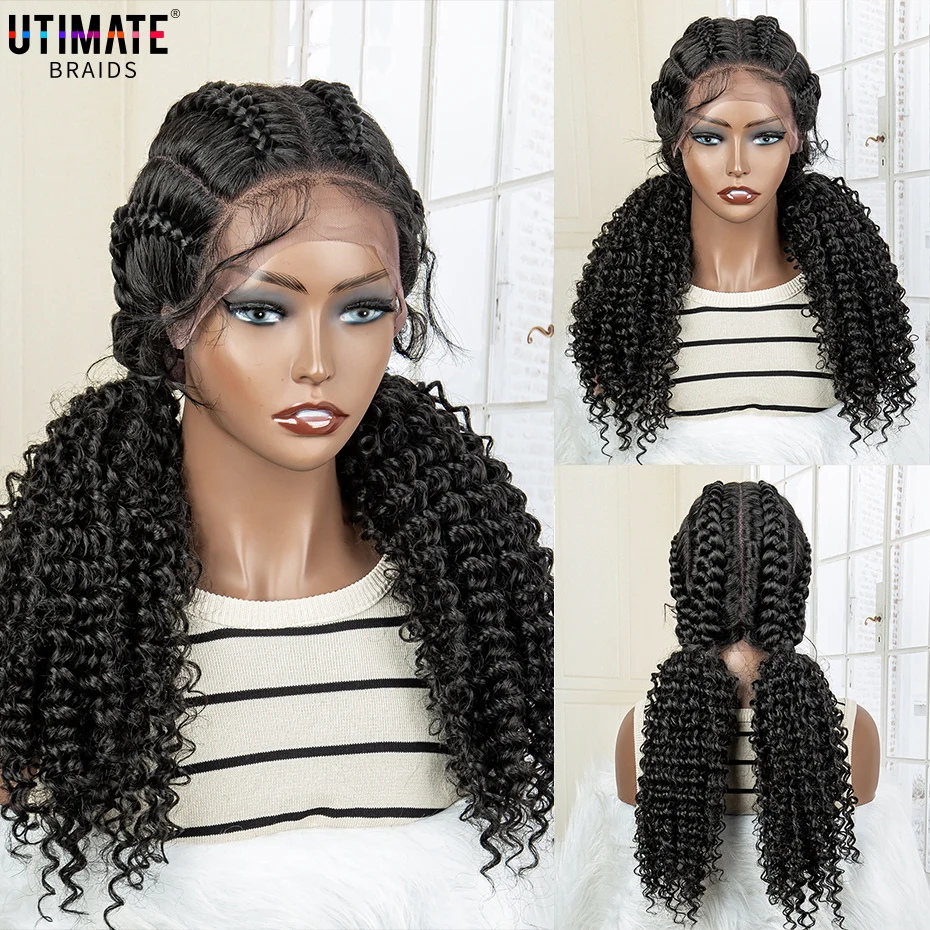 

Synthetic Cornrow Box Braided Wig with Curly Wave Wavy for Black Women 22 Inches Afro Lace Frontal with Baby Hair Braids Wig