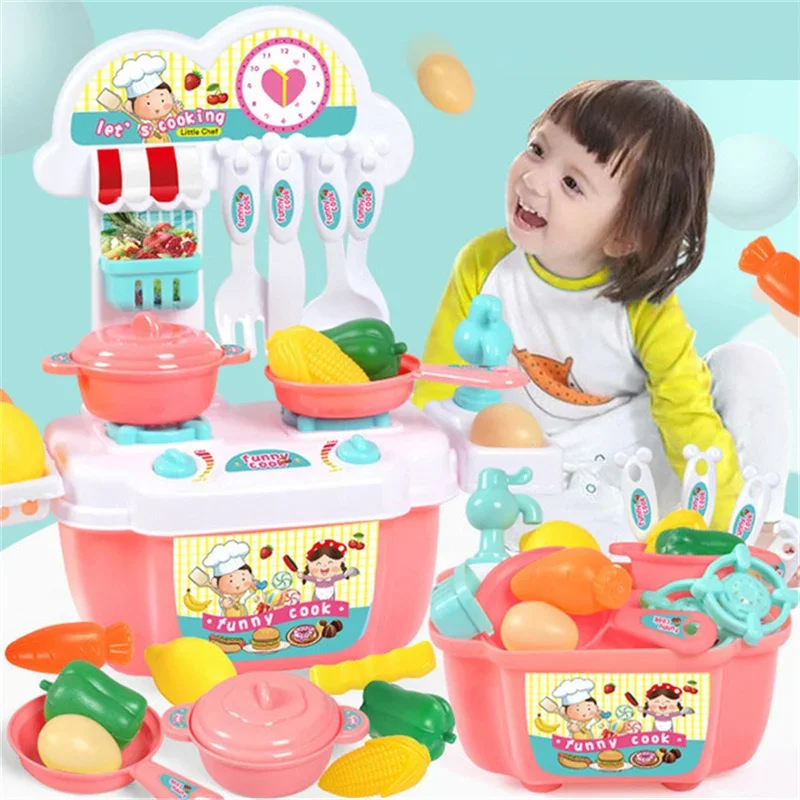 22Pcs Kids Mini Kitchen Cooking Toy Set Pretend Cooking Food Play With Pots Patelnie Cookware Play Role Playing Toys Girls Gifts