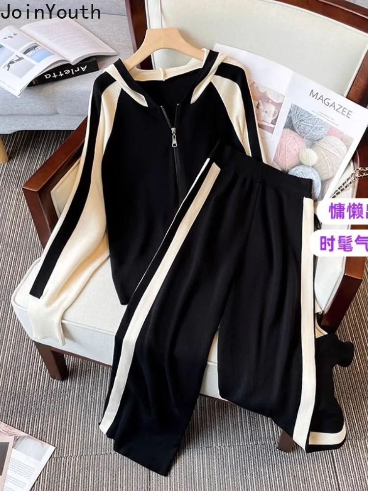 Pants Suit Knit 2 Piece Set Women\'s Clothing Hooded Contrast Color Zipper Tops Straight Wide Leg Pants Outfits Casual Tracksuit