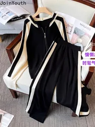 Pants Suit Knit 2 Piece Set Women's Clothing Hooded Contrast Color Zipper Tops Straight Wide Leg Pants Outfits Casual Tracksuit