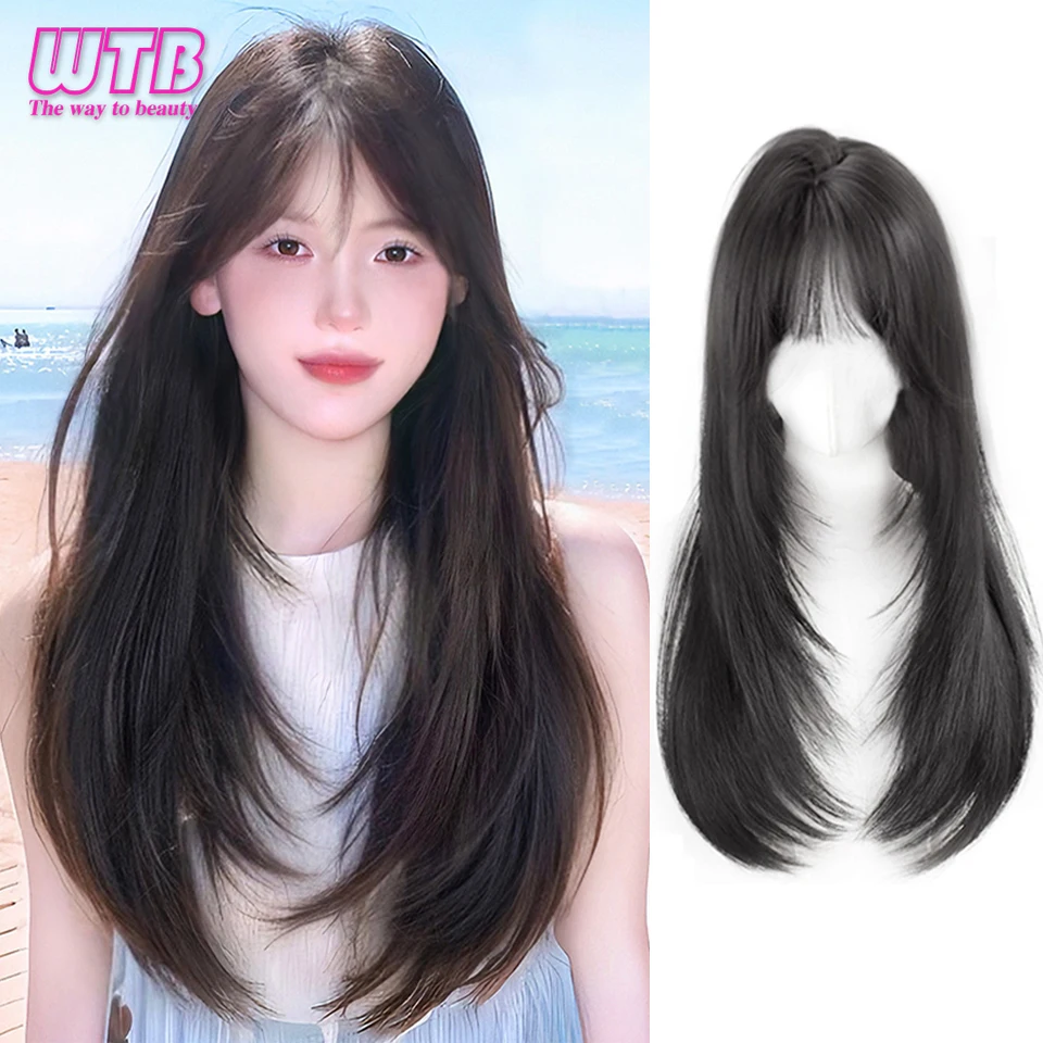 Black Long Straight Synthetic Wigs With Bangs Natural Wig Heat Resistant For Daily Use Suitable For Fashion Ladies