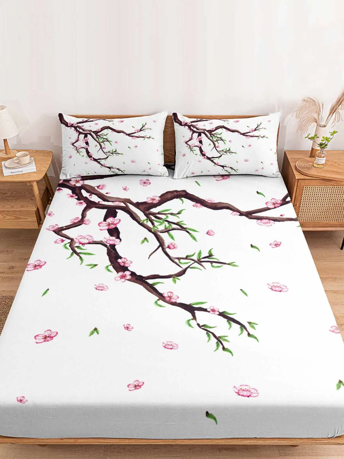 Spring Flower Leaves Sprout Cherry Fitted Bed Sheet Cover Elastic Band Anti-slip Mattress Protector for Single Double King