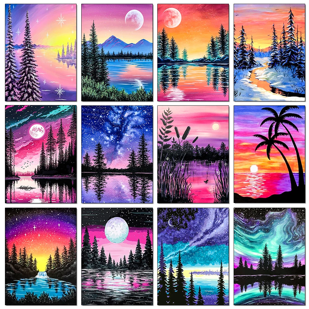 Sunset Lake Diamond Painting Kit Northern Lights Mosaic Inlaid Watercolor Series Landscape Home Wall Decoration Crafts Gift