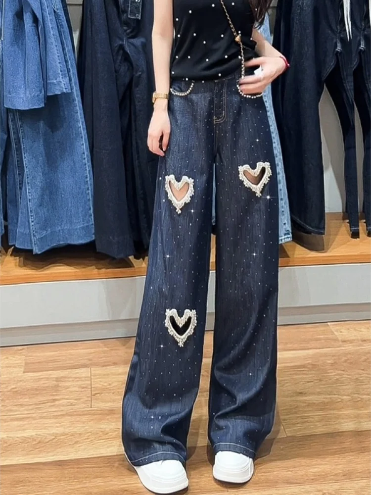 

American Vintage Distressed Heart-shaped Rhinestone Straight-leg Wide-leg Jeans For Women High-waist Spicy Floor-length Pants