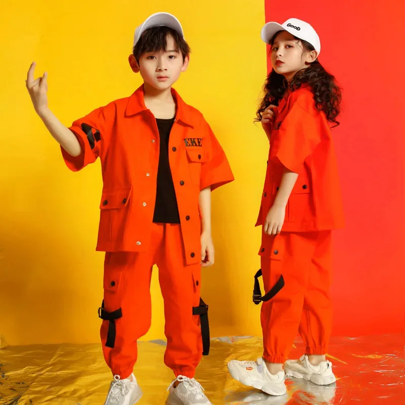 Trajes de baile de Jazz y Hip Hop para niños, chaqueta naranja, pantalones informales sueltos para niñas y niños, ropa de baile de salón callejero Hiphop
