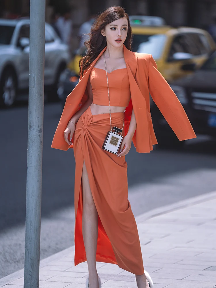 

RuolinDiam Начальный весенний комплект оранжевого цвета, шерстяной костюм, топ-труба f, юбка, модный женский ансамбль