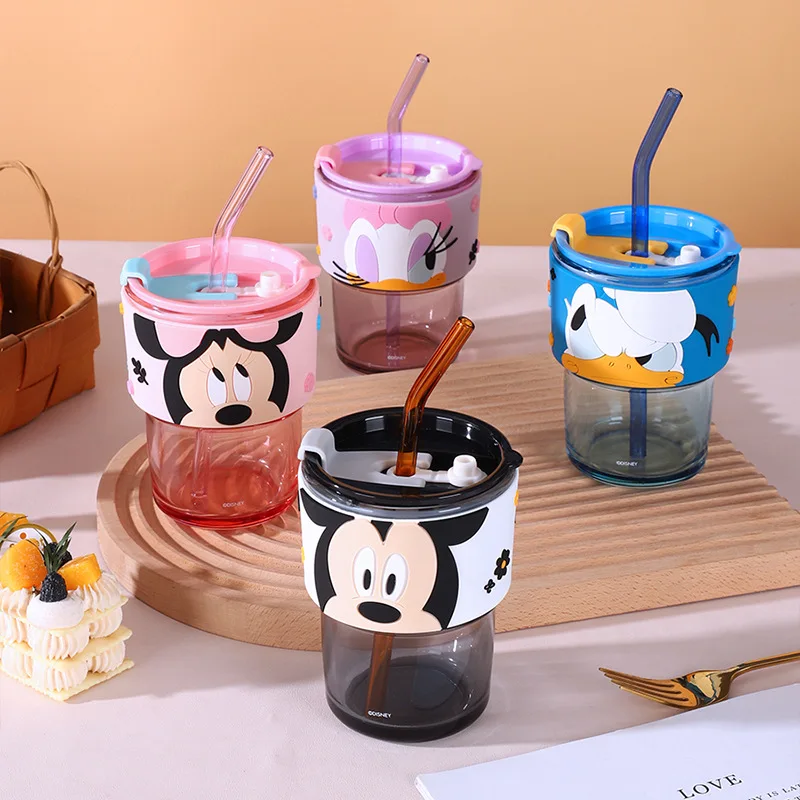 New 2023 Disney Mickey Minnie Mouse Kawaii Water Bottle Cute Daisy Lotso Winnie Glass Cup with Straw Double Glass Coffee Cup