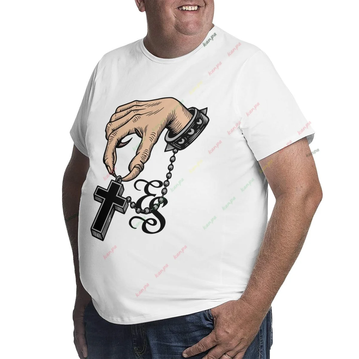 Natural Cotton T-Shirt Men Plus Size Casual Loose Skin-Friendly Top A hand in handcuffs holds a cross 6xl White 5xl Funny 4xl