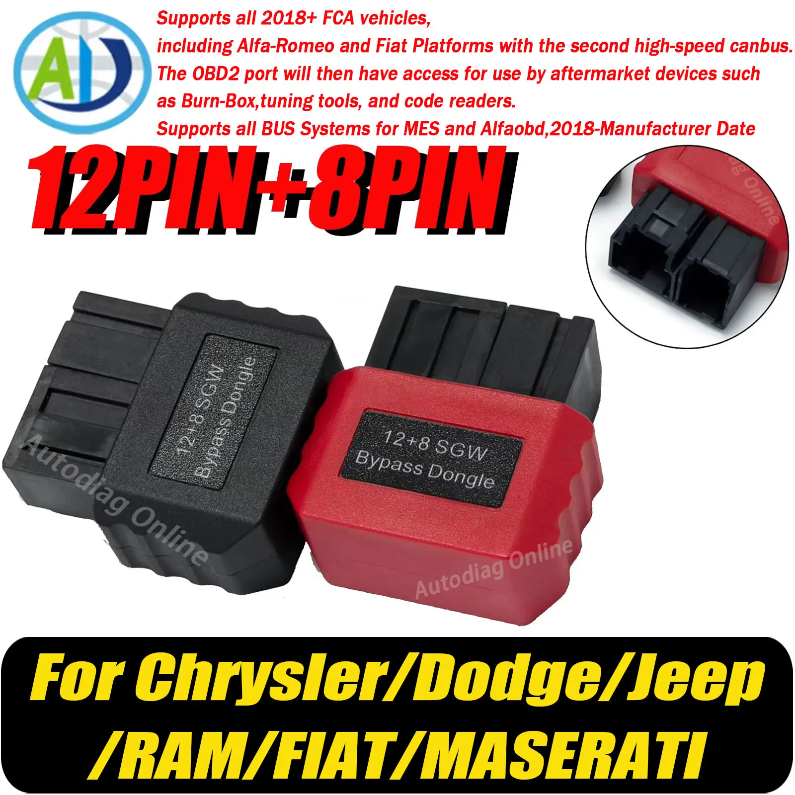 Dongle de derivación SGW para Chrysler/Dodge/Jeep/RAM/FIAT/MASERATI, adaptador de puerta de enlace de seguridad OBD2 de 12 pines y 8 pines para adaptador SGW de vehículo FCA