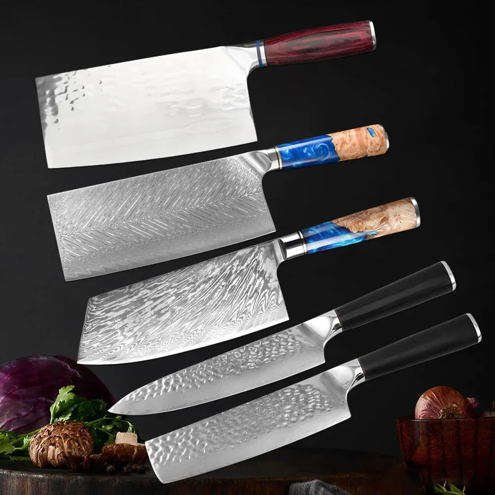 

Kitchen Knives Laser Damascus Pattern Sharp Japanese Cleaver Utility Butcher Knife Cutting Meat Tools With Wooden Resin Handle