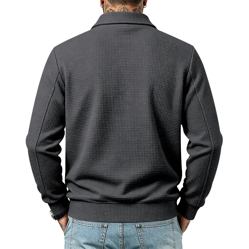 Herren Frühlings- und Herbstjacke aus Waffelstrick mit Reißverschluss, lässig, locker, leicht, mit Kragen, für den Alltag. – Detail 19