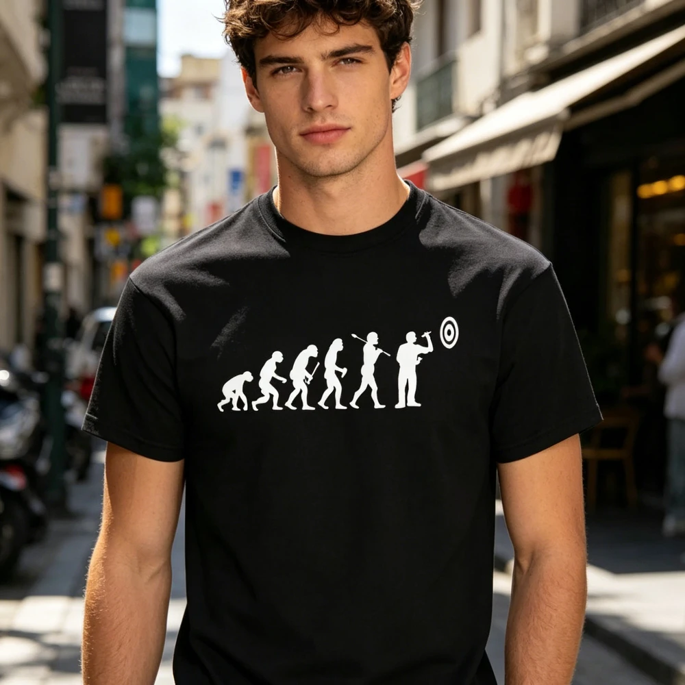 T-shirt drôle « Evolution des fléchettes » : de l'homme singe au joueur de fléchettes, motif graphique imprimé, pour homme, décontracté, quotidien, été, en coton