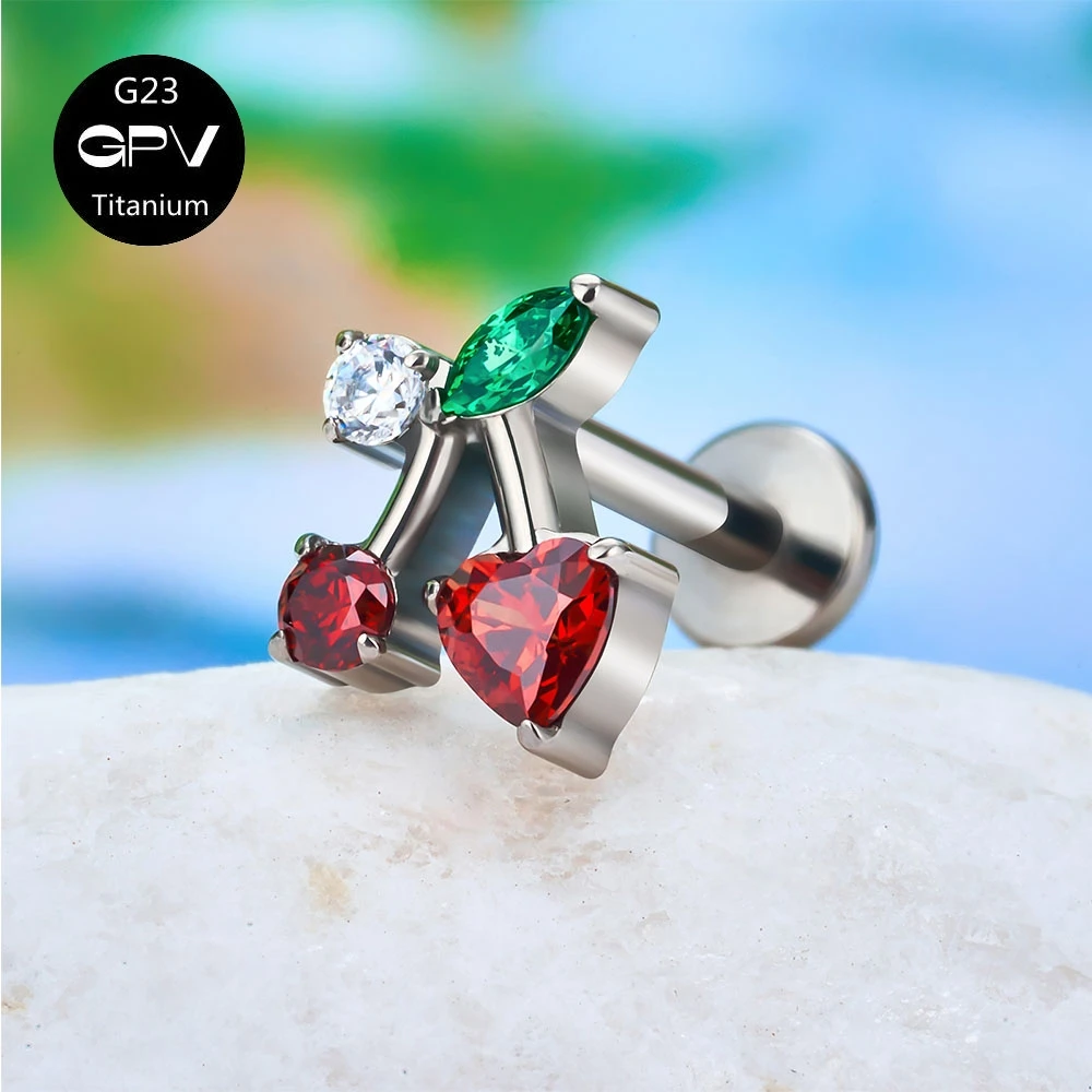 ASTM G23 Titanium Cherry Ear Cartilage Nail Exquisite ZC Internal Thread Women's Perforated Jewelry Ear Nail Nose Nail