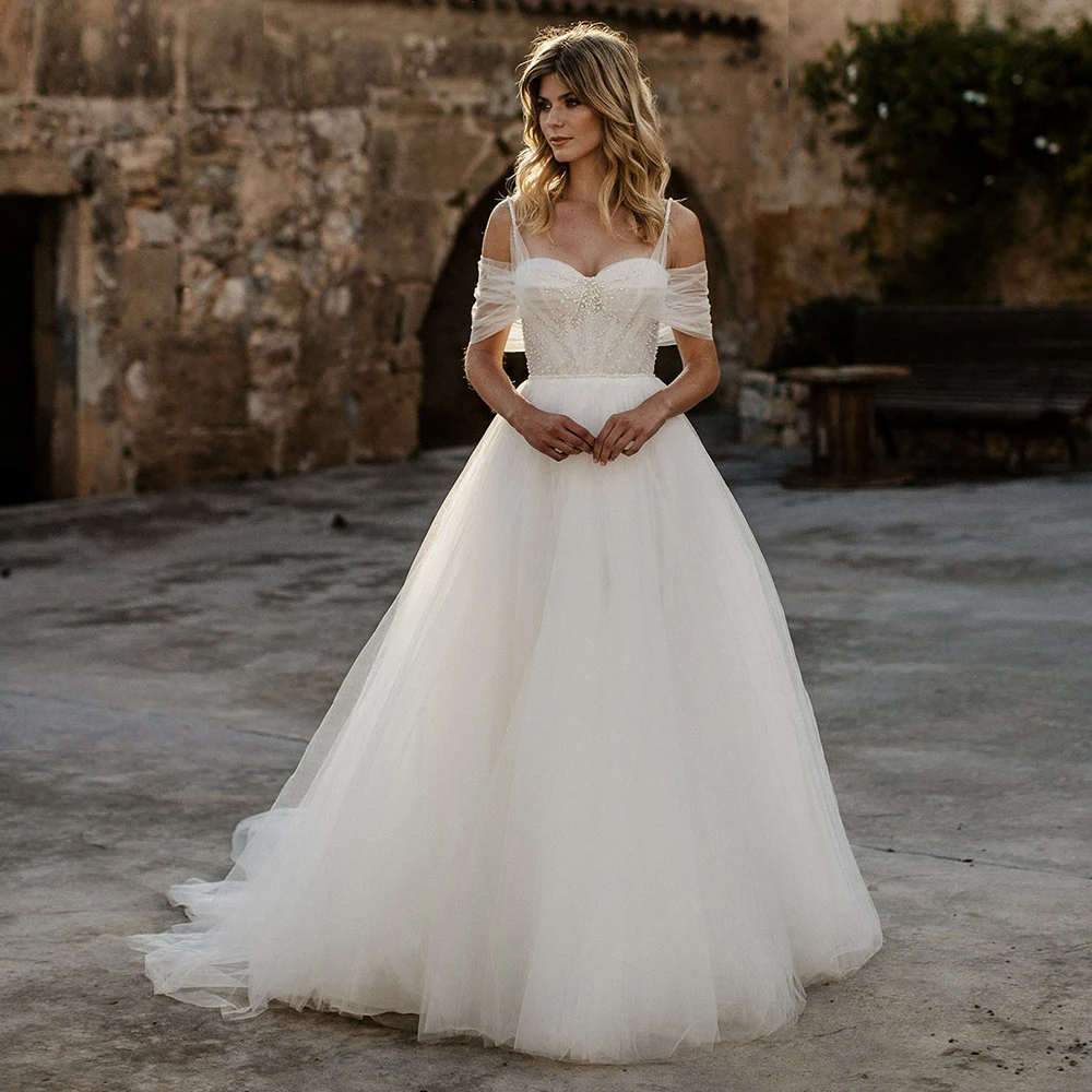

Customized Modern A Line Women Wedding Dress 2025 Elegant Sweetheart Spaghetti Straps Bridal Gowns with Court Train and Lace Up