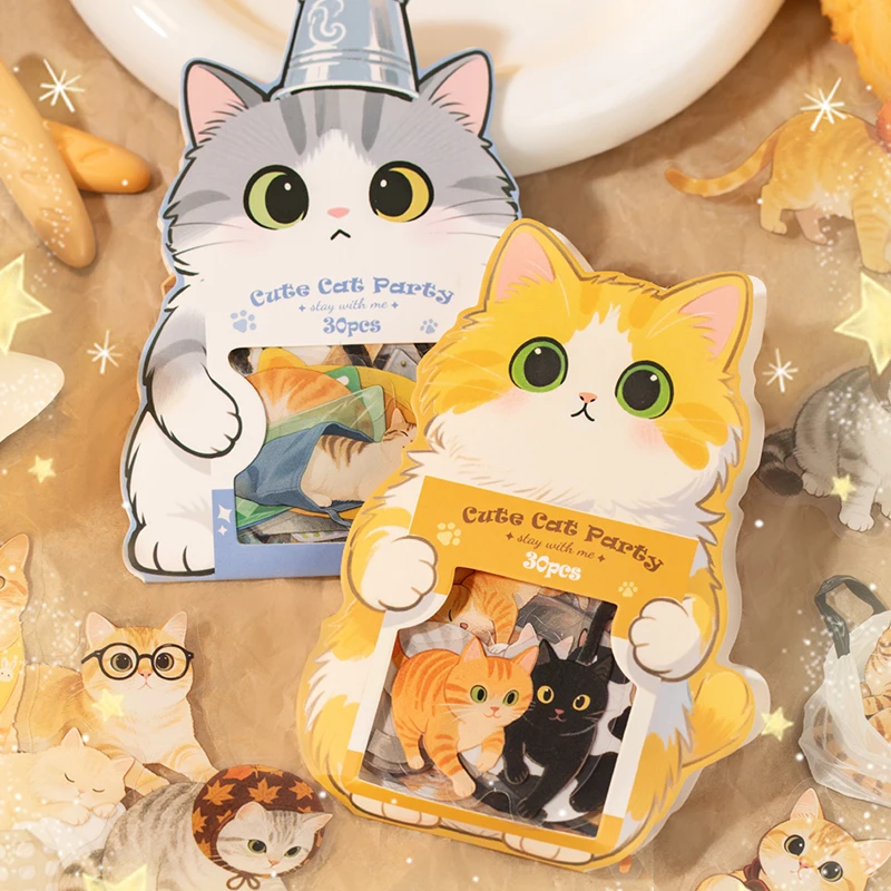 

120pcs Cat Party Series Cute Pet Theme PET Sticker Pack DIY Handbook Collage Greeting Card Calendar Tablet Phone Case Postcard