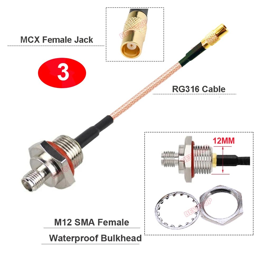 Waterproof M12 SMA to MCX RG316 Cable RP-SMA/ SMA Female to MCX Male/ Female Jack Plug RF Coaxial Extension Jumper Pigtail