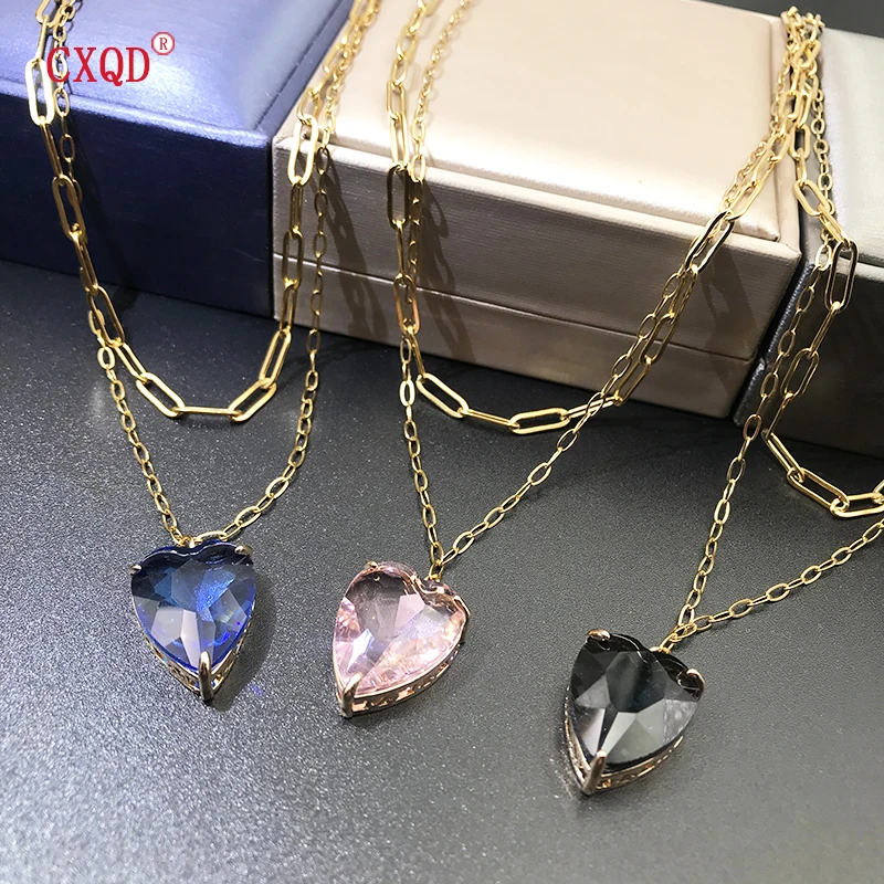 

Colorful Clear Peach Heart Glass Pendant Layered Necklace for Women Stainless Steel Chain Fashion Earring Jewelry Original Set