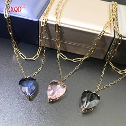 Colorful Clear Peach Heart Glass Pendant Layered Necklace for Women Stainless Steel Chain Fashion Earring Jewelry Original Set