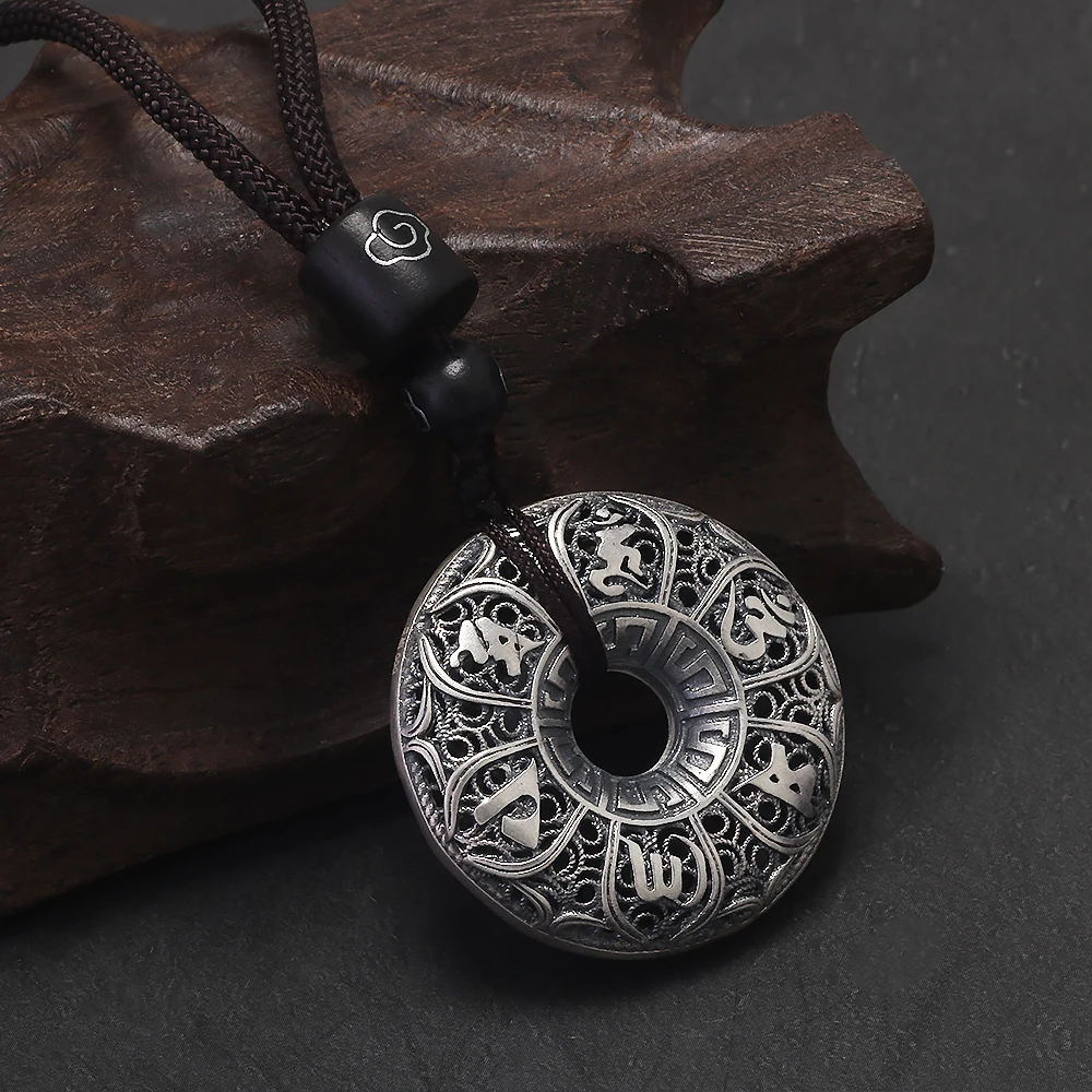 925 스털링 실버 육자진언 목걸이 남성용 원형 펜던트 브라운 로프 빈티지 종교 장신구