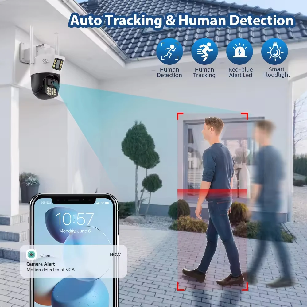 8MP Outdoor Dual Len WiFi Camera ICsee 360 PTZ 4K HD Dual Screen Color Night Vision Security IP Camera Video Audio Surveillance