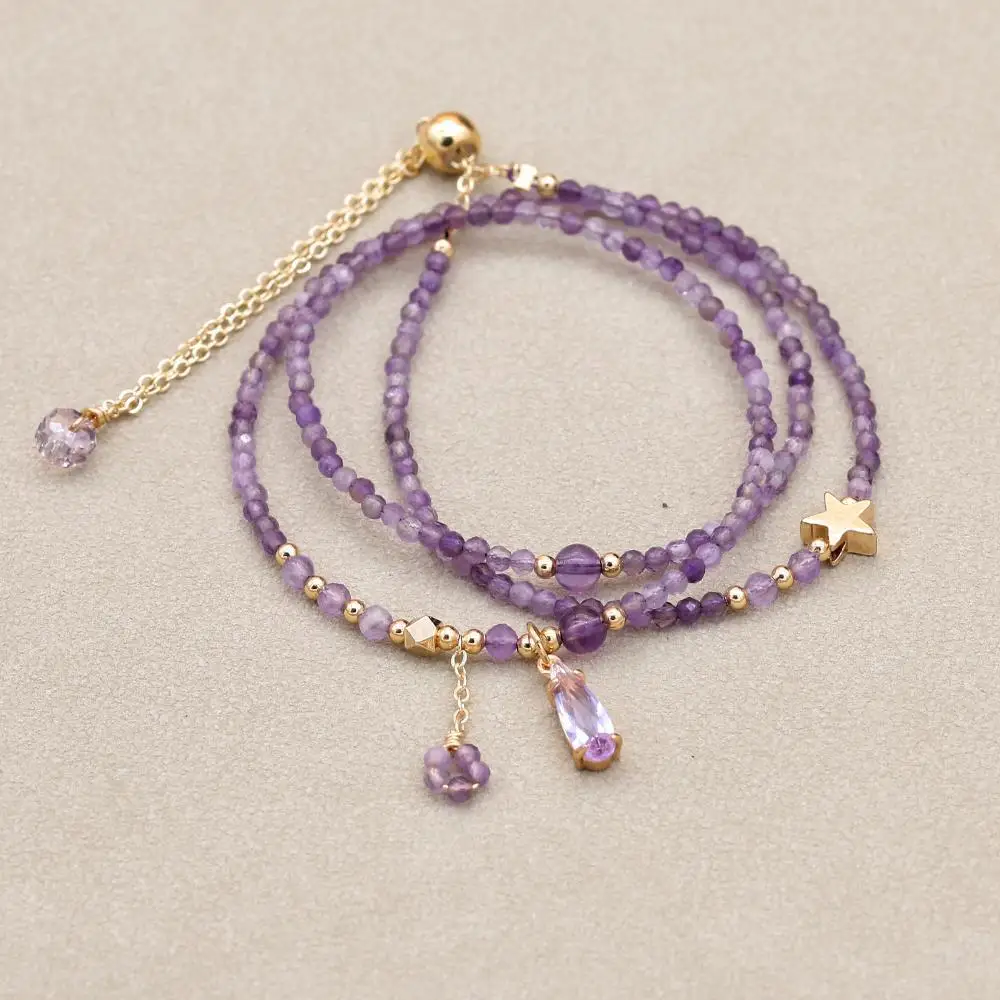 Elegant Necklace Bracelet Dual-purpose 2MM Purple Crystal Three Layer Beads Bohemian Charm Bracelet Handmade Women Jewelry