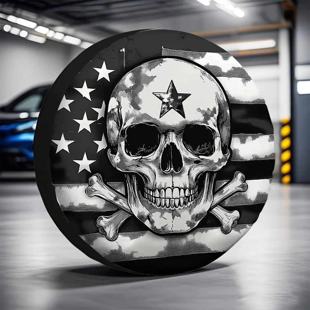 Funda para Neumáticos con Diseño de Calavera y Bandera Americana, Protector de Rueda de Repuesto para RV, Resistente a la Intemperie, de Poliéster Duradero