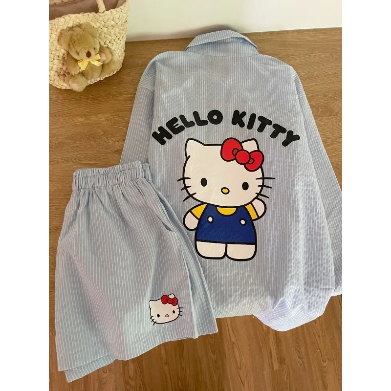 Sanrio Hello Kittys Nuovo Pigiama Estivo Simpatico Cartone Animato Stampato A Righe Allentato Retro Casual Casa Pantaloncini Spiaggia Kawaii Y2k Regalo di Festa