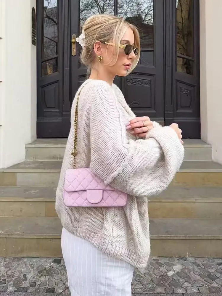 

HH Women's Autumn Retro Stick Needle Lazy Style Mid-Long Knitted Cardigan Sweater Female Fashion Loose Casual Sweater Coat