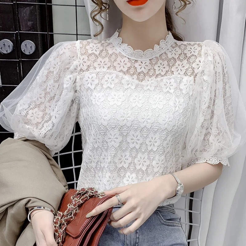 Summer Short Sleeve Lace Women Blouses Fashion Puff Sleeve Lace Sweet Hollow Out Stand Collar Tops Elegant Casual White Shirt