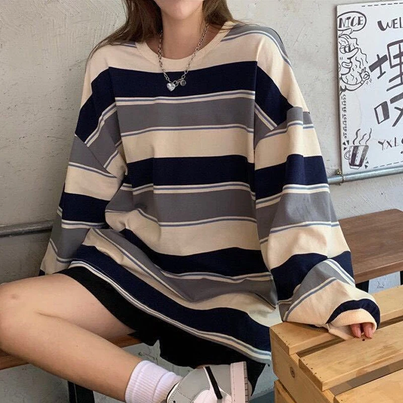 Women Harajuku Pullovers Streetwear Spring Hoodies Striped Oversized Sweatshirt Fashion Couples Matching Long Sleeve Tops