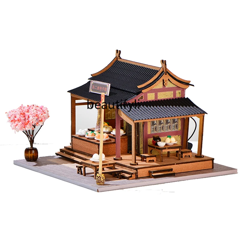 

National style and ancient style house, wooden DIY hut handmade and assembled literary and retro ornaments