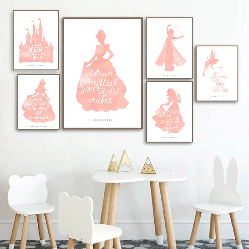 Disney Princess Inspirational Quotes Posters and Prints Cinderella Pink Castle Silhouette Art Canvas Painting Girls Room Decor