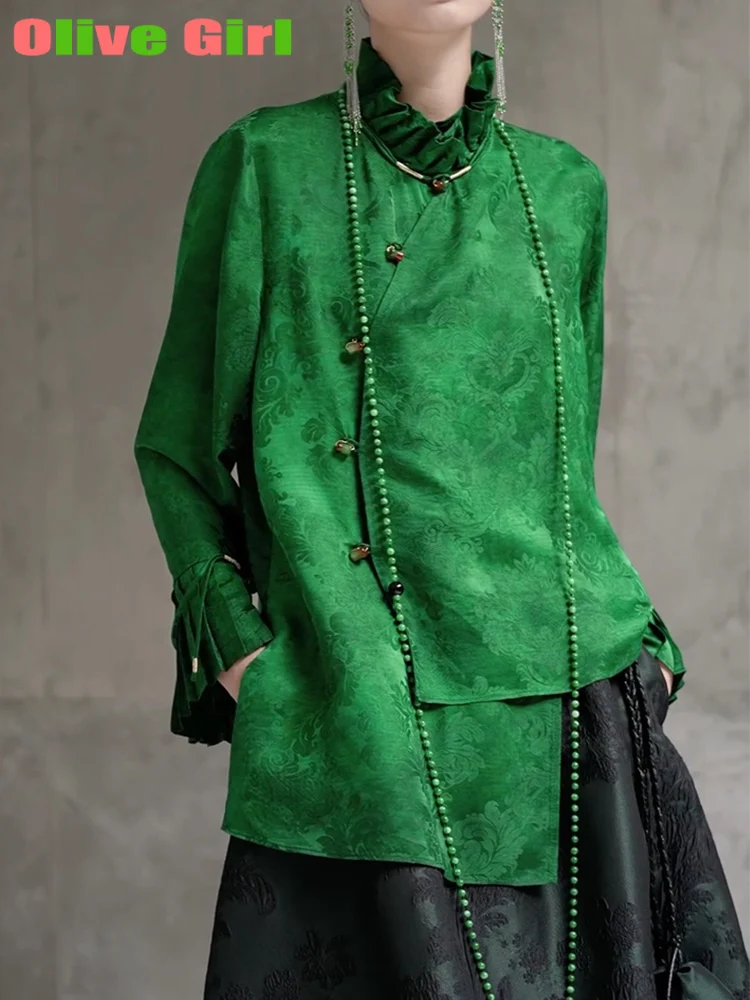 2025 グリーンシャツトップ ジャカード生地 エレガント 高級 花びら袖 中国伝統衣装 レディースブラウスシャツ 女性用