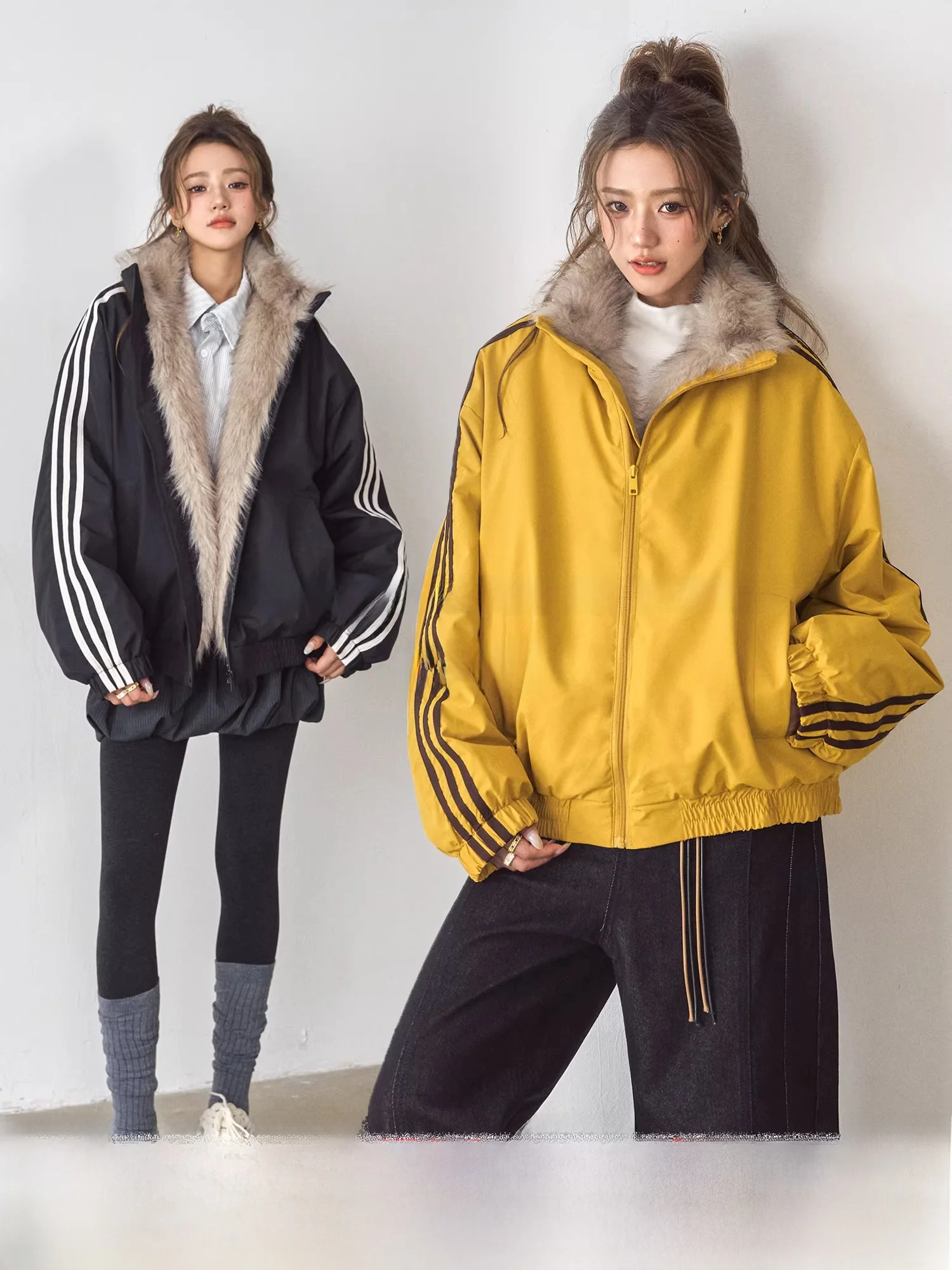 

Thiened Cotton Jaet Women's Winter Coat Warm Plaid Zipper Closure Faux Fur Collar Mountain Eagle Pattern Street Sle