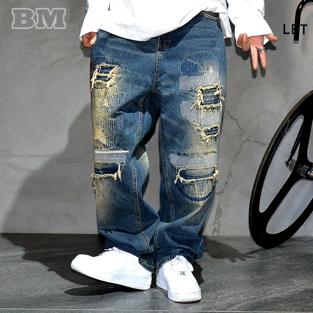 American Streetwear Ripped Patch Jeans Hip Hop Baggy Jeans Mens Clothing Vintage Denim Cargo Pants Japanese Harajuku Trousers