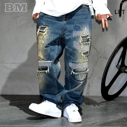 American Streetwear Ripped Patch Jeans Hip Hop Baggy Jeans Odzież męska Vintage Denim Cargo Spodnie Japońskie Harajuku Spodnie