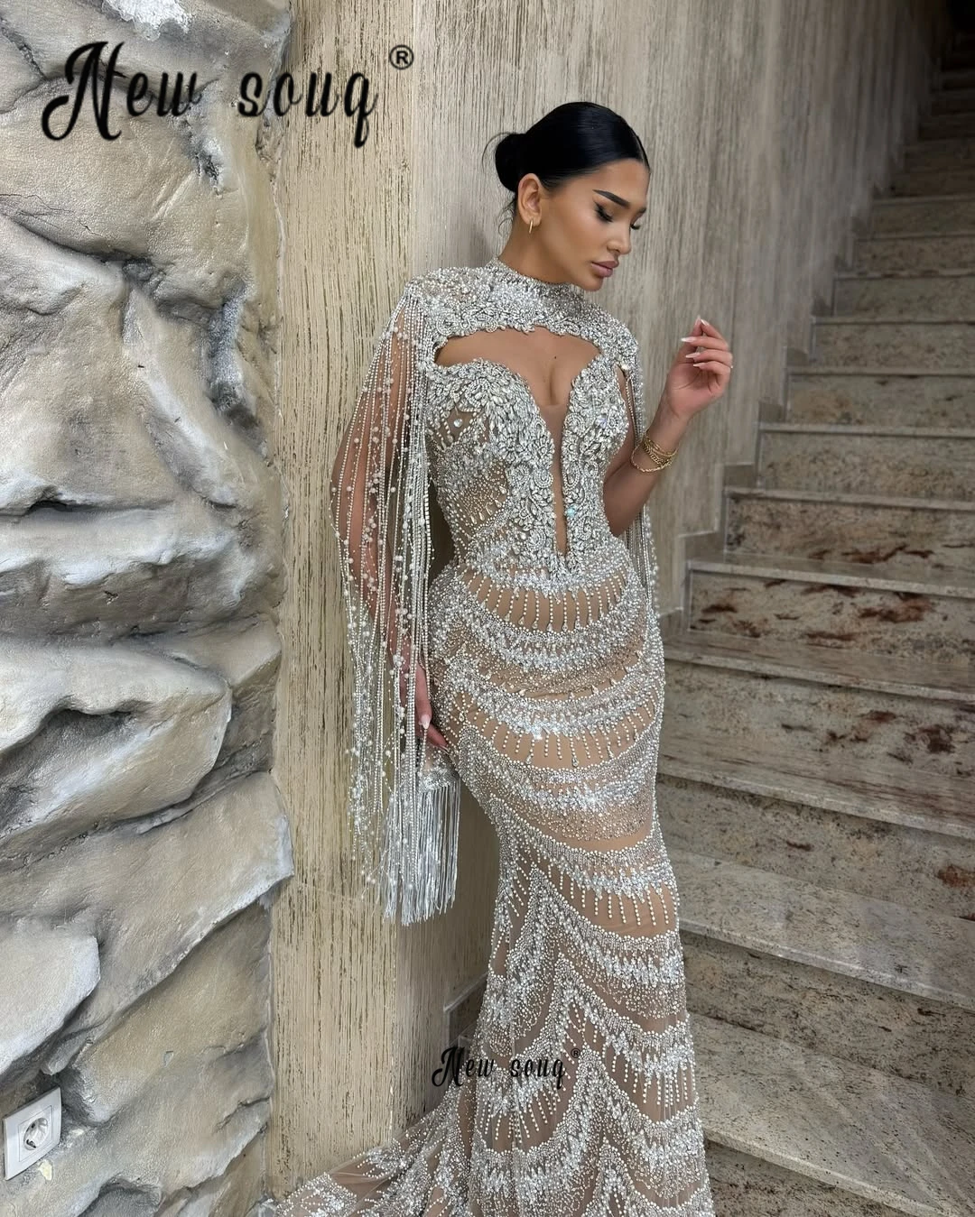 

Two Pieces Shiny Champagne Prom Dresses Long Tassels Sleeve Cape Wedding Party Gowns Dubai Formal Occasion Dresses Birthday Gown