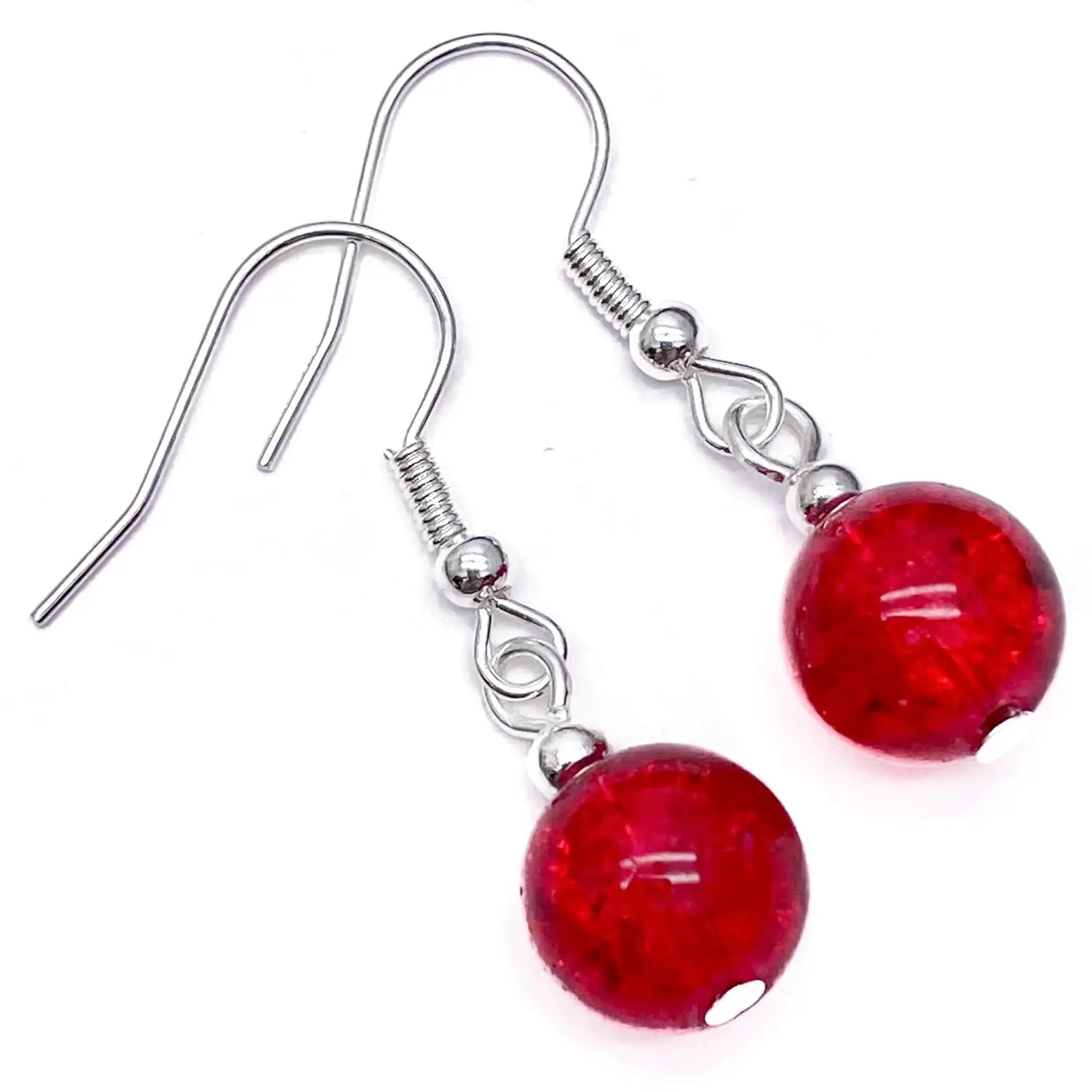 

Red Crackle Glass Bead Earrings, 10mm Round Beads on Nickel Free Silver Tone Hooks : 35mm long