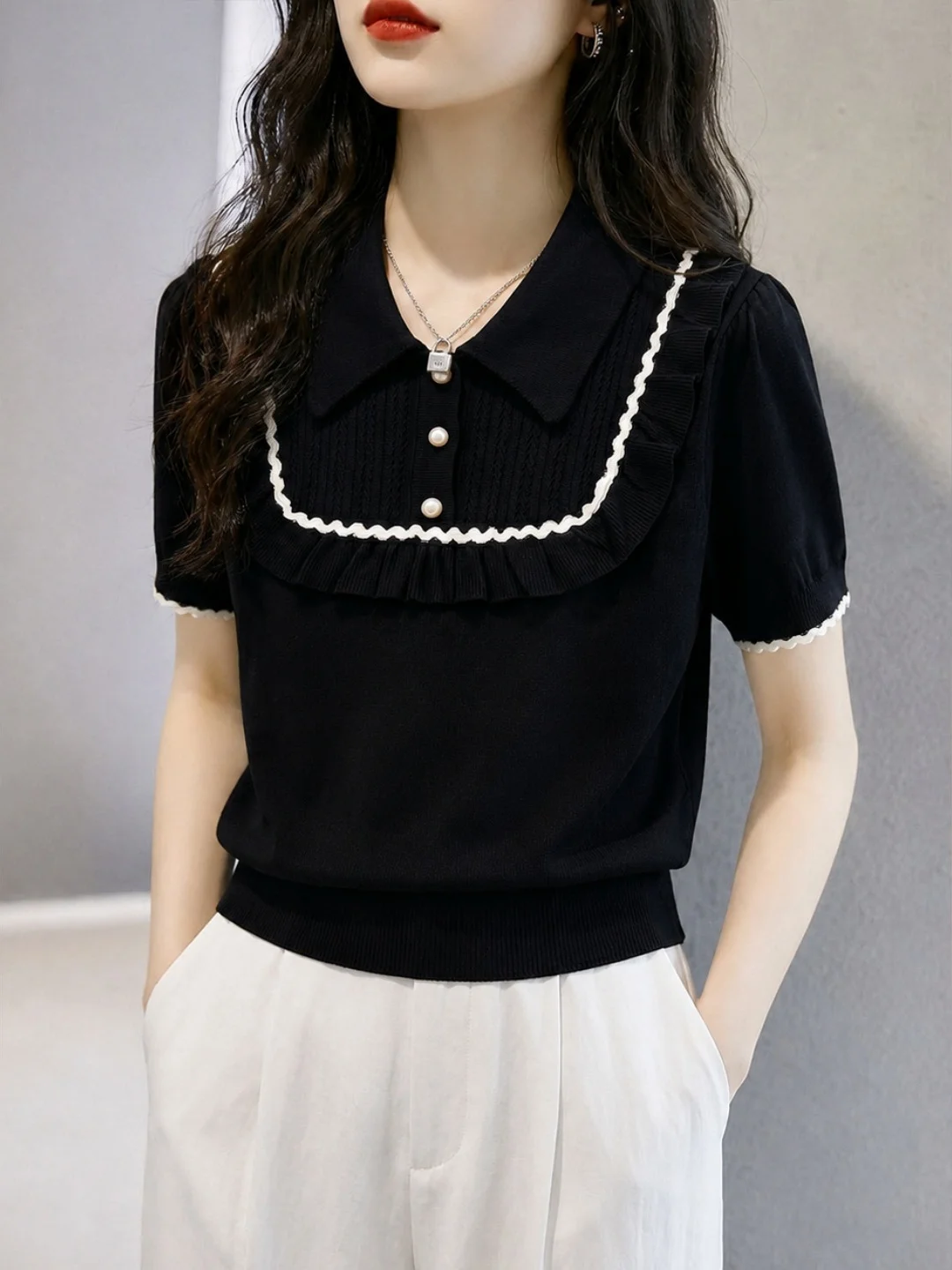 

Fashionable Ice Silk Knitted Short Sleeve Collared Top Color Block Design Summer Trendy Versatile Straight Cut Commute Style ...