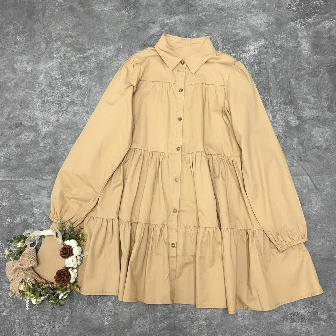 

Women Cotton Long Sleeve Layered Frilly Tunic Long Shirt Sweet Elegant Office Lady Loose Casual Basic Streetwear Khaki Dress