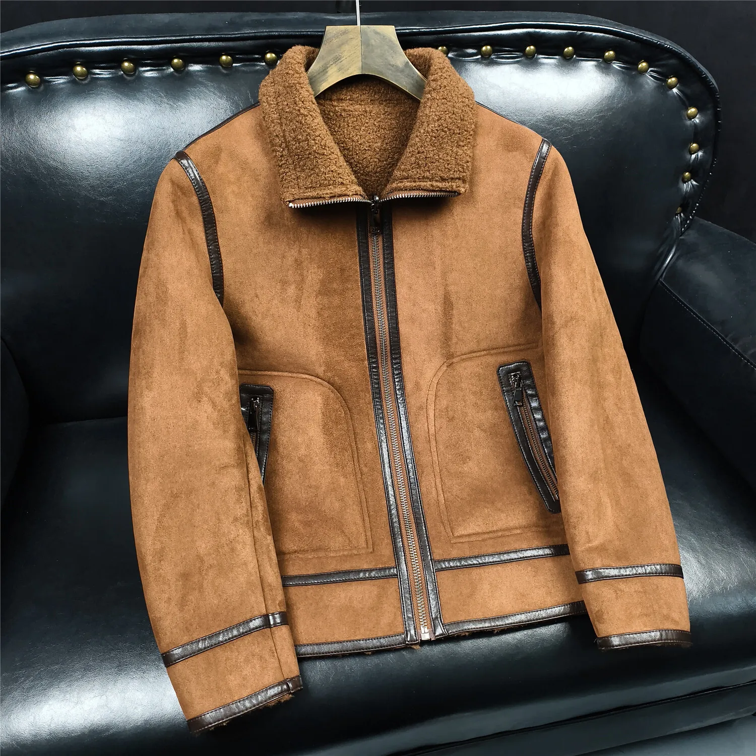

Мужская зимняя двусторонняя куртка из замши с меховой подкладкой, утепленная, повседневная, приталенного кроя, с воротником-стойкой