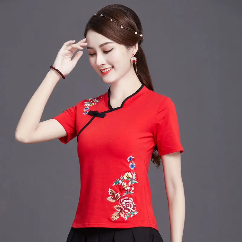 Traditional chinese clothing womens plus size tops 2024 summer cotton blend embroidery color splicing tang costume shirts woman