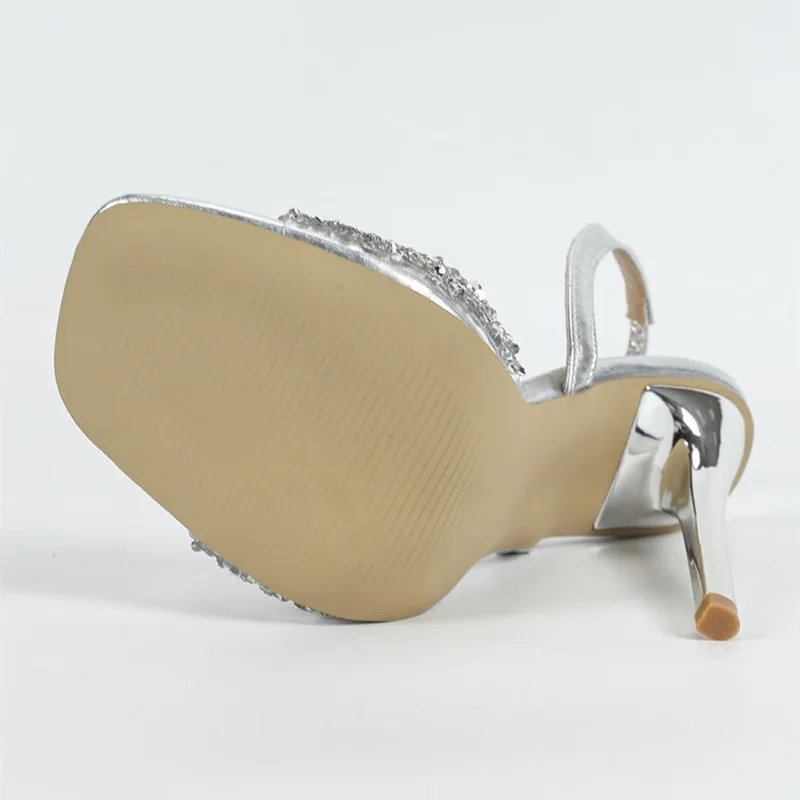 Crystal Rhinestone Super High Heels Women Sexy Square Head Open Toe Back Strap Heeled Sandals Elegant Silver Party Dress Shoes
